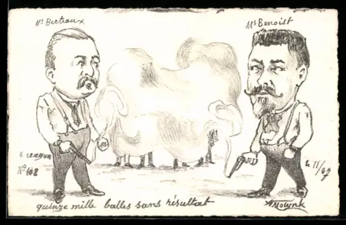 Künstler-AK sign. Molynk: Die Politiker Berteaux und Benoist im Pistolenduell