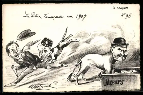 AK Karikatur der französischen Polizei 1907, Polizisten als Hunde dargestellt
