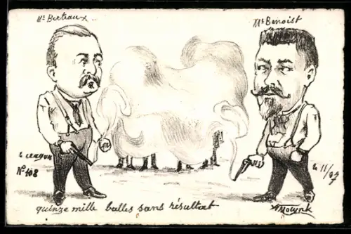 Künstler-AK sign. Molynk: Die Politiker Berteaux und Benoist im Pistolenduell