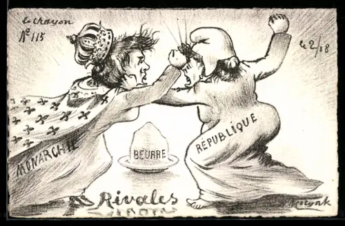 Künstler-AK sign. A. Molynk: Monarchie und Republik prügeln sich