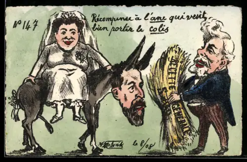 Künstler-AK sign. A. Molynk: Dame im Brautkleid reitet auf einem Esel mit menschlichem Gesicht