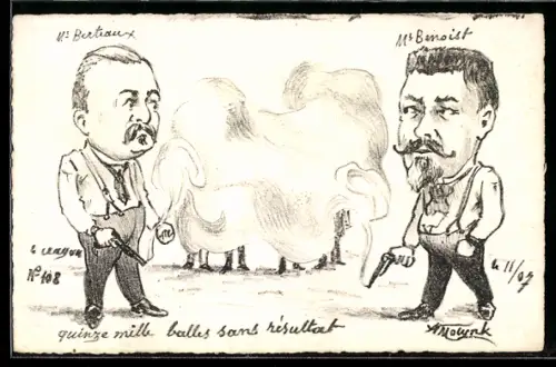 Künstler-AK sign. Molynk: Die Politiker Berteaux und Benoist im Pistolenduell