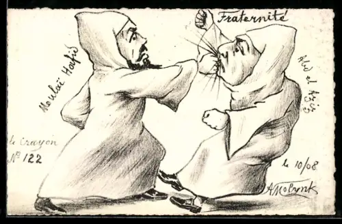 Künstler-AK sign. A. Molynk: Zwei Männer in Kutten prügeln sich