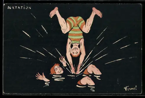 Künstler-AK sign. Fernel: Mann im Badeanzug beim Kopfsprung auf eine andere Person