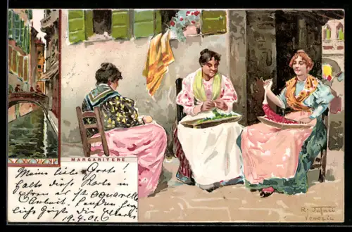 Künstler-AK sign. Tafuri: Venedig / Venezia, Frauen vor einem Haus arbeitend