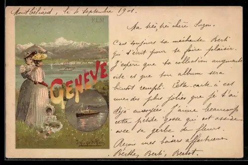 Künstler-AK sign. J. Hugo d`Alési: Genève, Zwei Frauen mit einem Kleinkind beschauen das Gebirgspanorama