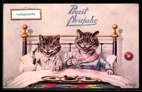 Künstler-AK sign. Ellam: Vermenschlichte Katzen, Leibgerichte