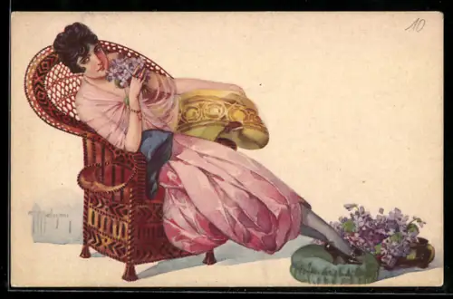 Künstler-AK sign. Malugani: Schöne Frau mit Blumen in der Hand sitzt auf einem Sessel