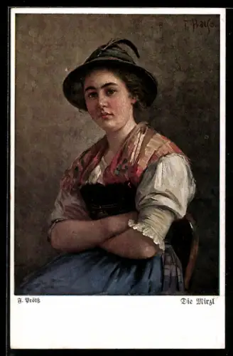 Künstler-AK sign. F. Prölss: Die Mirzl mit verschränkten Armen