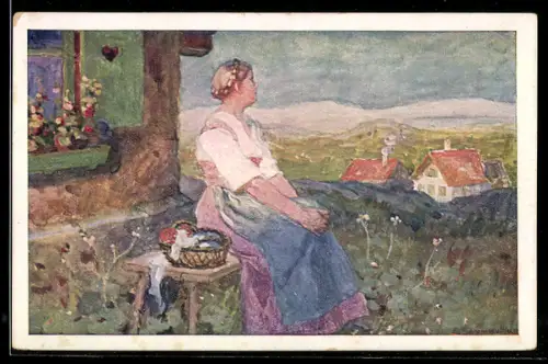 Künstler-AK sign. E. Sommavilla: Trachtenmädchen in Berglandschaft