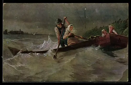 Künstler-AK sign. Carl Rupp: Gewitterwolken, Familie mit Kanu im Sturm auf See