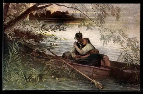 Künstler-AK Karl Raupp: Heimlicher Abschied, Liebespaar im Ruderboot unter dem Baum