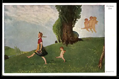Künstler-AK Goldene Zeit, Mädchen und Amor