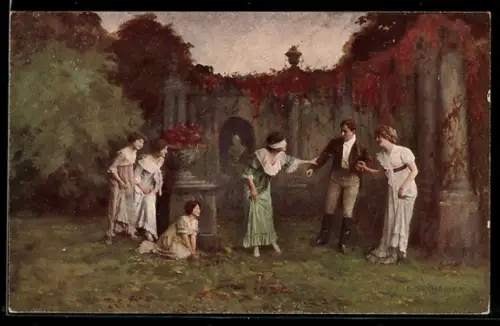 Künstler-AK sign. E. Schneider: Blindekuh