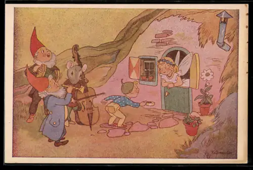 Künstler-AK sign. Langeler: Ständchen für eine Elfe