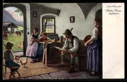 Künstler-AK sign. Emil Rau: Beim Berghofbauer, Familie mit Dackel