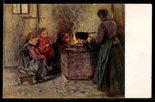 Künstler-AK sign. B. Genzmer: Am Herd