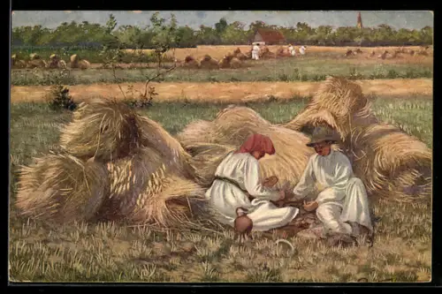 Künstler-AK Bauern bei der Mittagspause an Strohballen