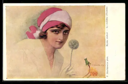 Künstler-AK sign. P. Stachiewicz: Junge Frau mit Kopftuch und Pusteblume