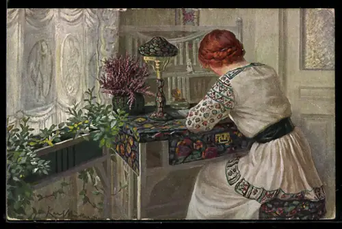 Künstler-AK sign. Karl Müller: Am Schreibtisch