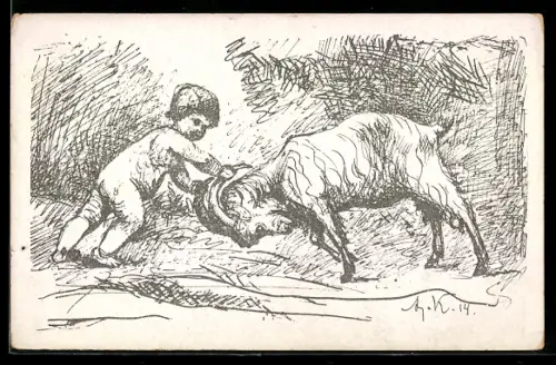 Künstler-AK sign. August Kraus: Knabe im Kampf mit einem Ziegenbock