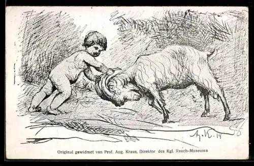 Künstler-AK sign. August Kraus: Knabe kämpft mit einem Ziegenbock