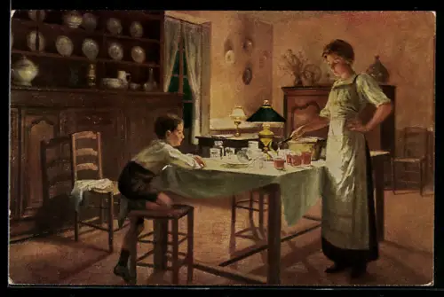 Künstler-AK sign. M. Rieder: Einmachen