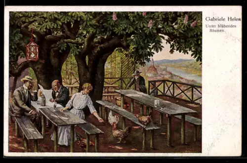 Künstler-AK sign. Gabriele Helen: Unter blühenden Bäumen