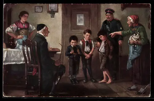 Künstler-AK Verhör beim Schulmeister, Polizist befragt Schulpersonal und Schüler