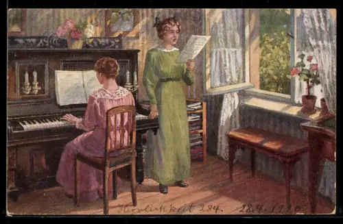 AK Mutter und Tochter spielen Klavier und singen