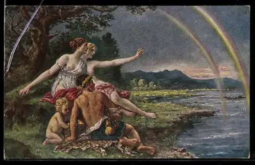 AK Junge Pärchen sehen ein Regenbogen