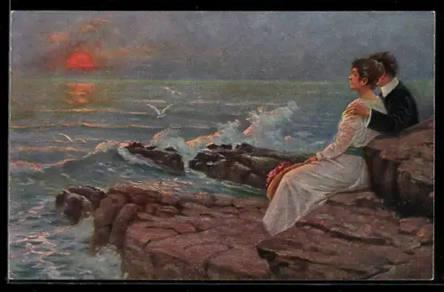 Künstler-AK sign. A. Heleng: Sonnenuntergang am Meer