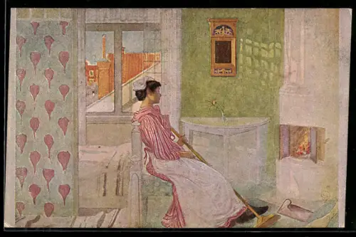 Künstler-AK sign. C. Larsson: Martina, Dienstmädchen sitzt erschöpft vor dem Kamin