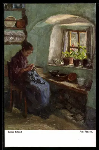 Künstler-AK sign. Julius Schrag: Am Fenster, Nähende alte Frau