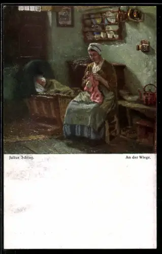 Künstler-AK sign. Julius Schrag: An der Wiege, strickende Mutter