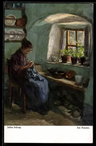 Künstler-AK sign. Julius Schrag: Nähende Frau am Fenster