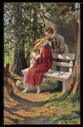 Künstler-AK sign. K. Rumpel: Die Bank, Liebespaar