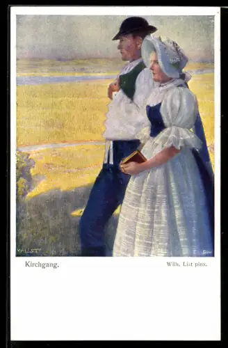 Künstler-AK sign. W. List: Kirchgang