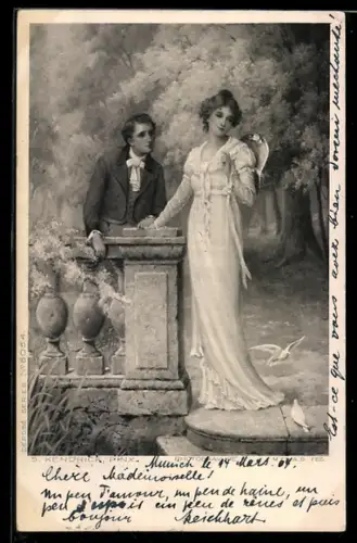 Künstler-AK sign. S. Kendrick: Liebepaar im Park, Tauben