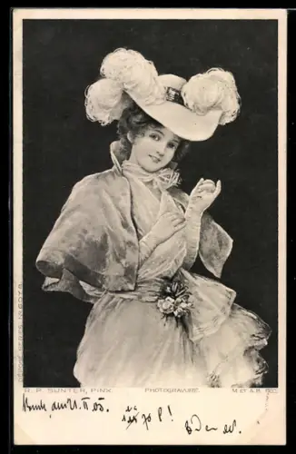 Künstler-AK sign. R. P. Sunter: Dame mit Umhang