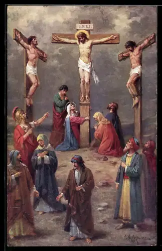Künstler-AK sign. J. Mathauser: Golgatha, Kreuzigungsszene