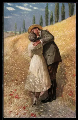 Künstler-AK Ein Kuss in Ähren, Liebespaar auf Feldweg