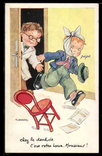 Künstler-AK sign. A. Gougeon: Chez le dentiste, C`est votre tour, Monsieur!