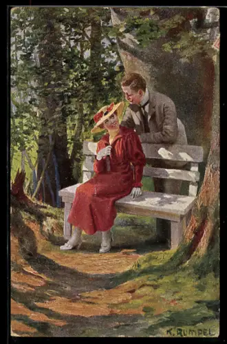Künstler-AK sign. K. Rumpel: Die Bank, Stelldichein