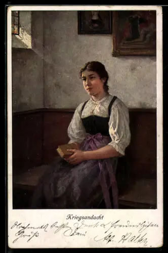 AK junge Frau mit Bibel betet für ihren Soldaten, Kriegsandacht