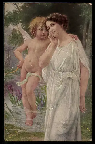 Künstler-AK Amor mit Dame am Waldrand