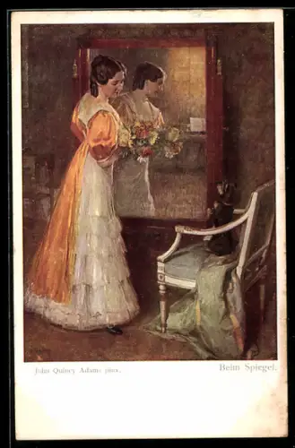 Künstler-AK Brüder Kohn (B.K.W.I) Nr. 1097: Adams: Beim Spiegel, Frau mit Blumenstrauss