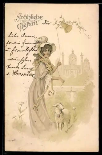 Künstler-AK sign. Rud. Welleba: Mädchen mit Glocke u. Lamm, Ostergruss