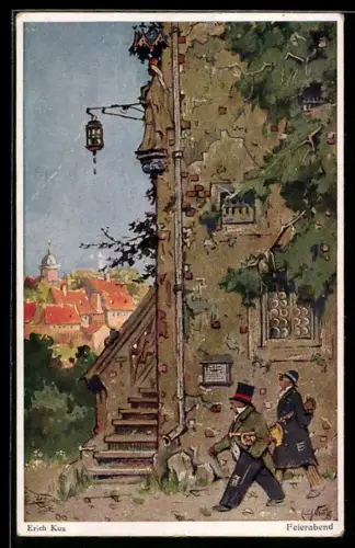 Künstler-AK Wohlgemuth & Lissner, Primus-Postkarte No. 3098: Feierabend, Strassenmusiker