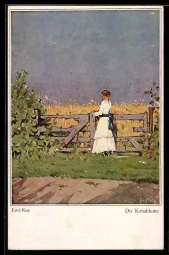 Künstler-AK sign. Erich Kux: Die Kornblume, Mädchen am Getreidefeld
